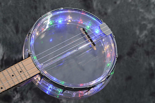 Gold Tone Little Gem Diamond Acrylic Transparent Banjo Ukulele w LED Lights